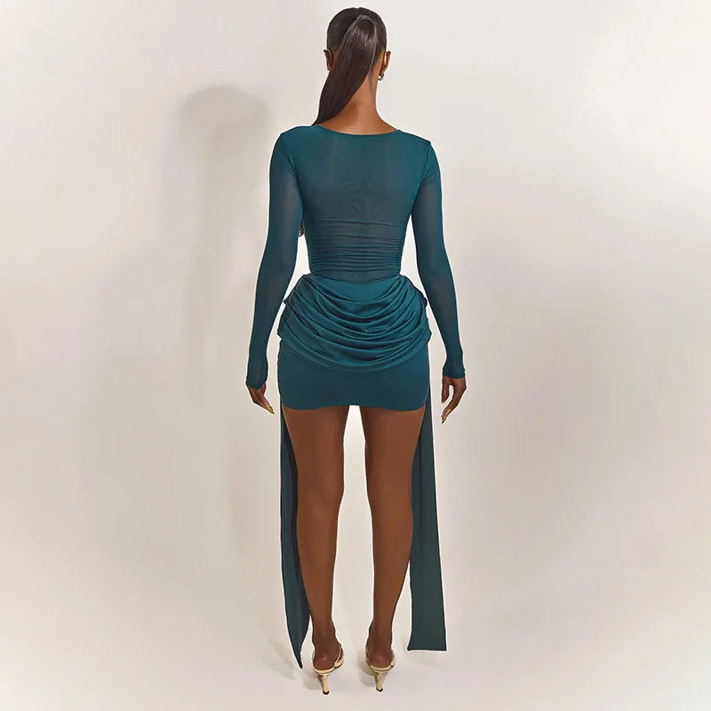 Mesh Splicing Long Sleeve Draped Mini Dress Green Black Club Dresses Sexy Fall Clothes Woman 2025