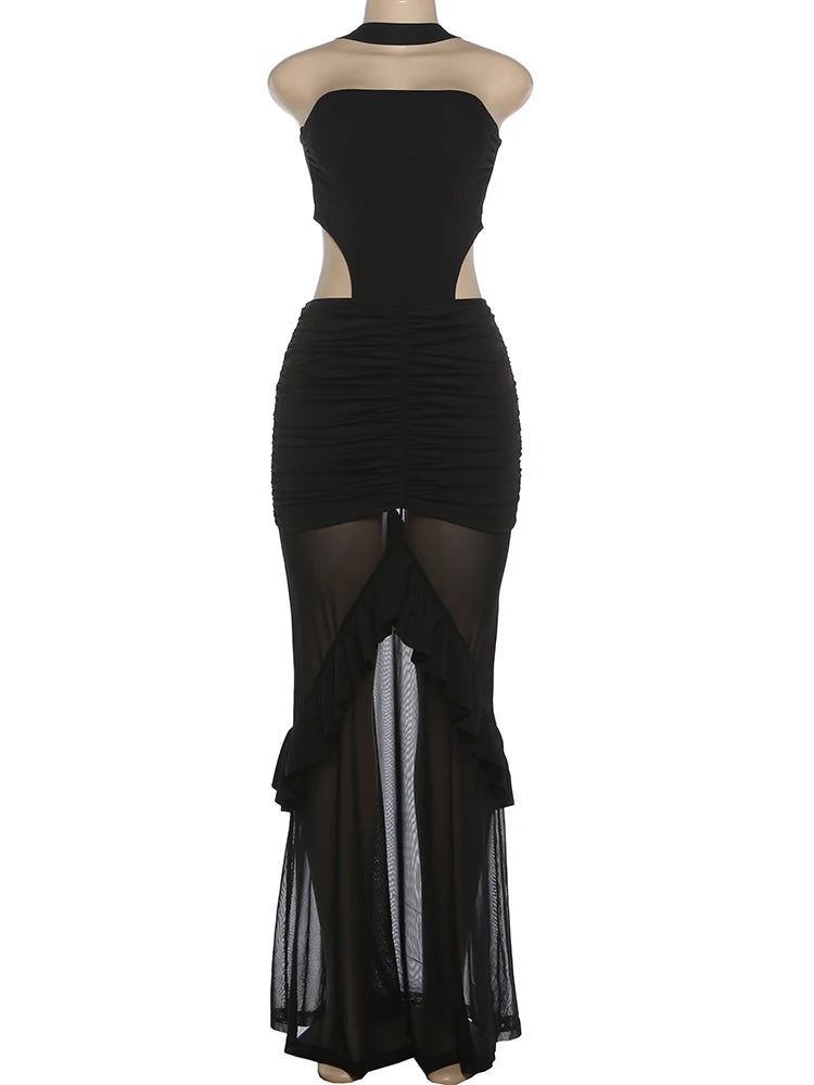 Elegant Dress Woman Off Shoulder Irregular Halter Backless Waistless Mesh Patchwork Ruffles Decoration Skinny Bodycon