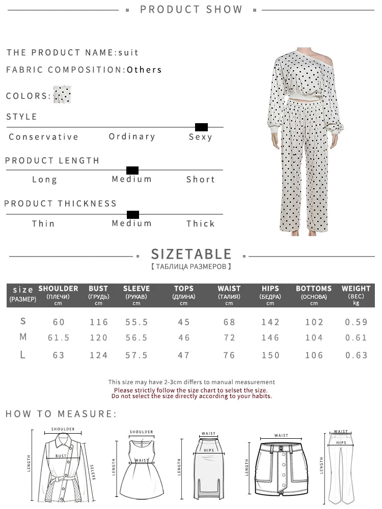 Casual Fashion 2 Piece Set Woman Polka Dot Print Skew Collar Full Sleeve T-Shirts+Drawstring Long Pants Classic Suits