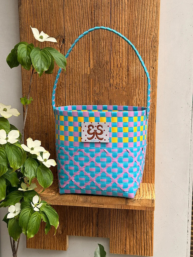 Colorful Checkered Woven Bucket Bag, Bohemian Handmade Tote Bag, Casual Summer Beach Bag for Women