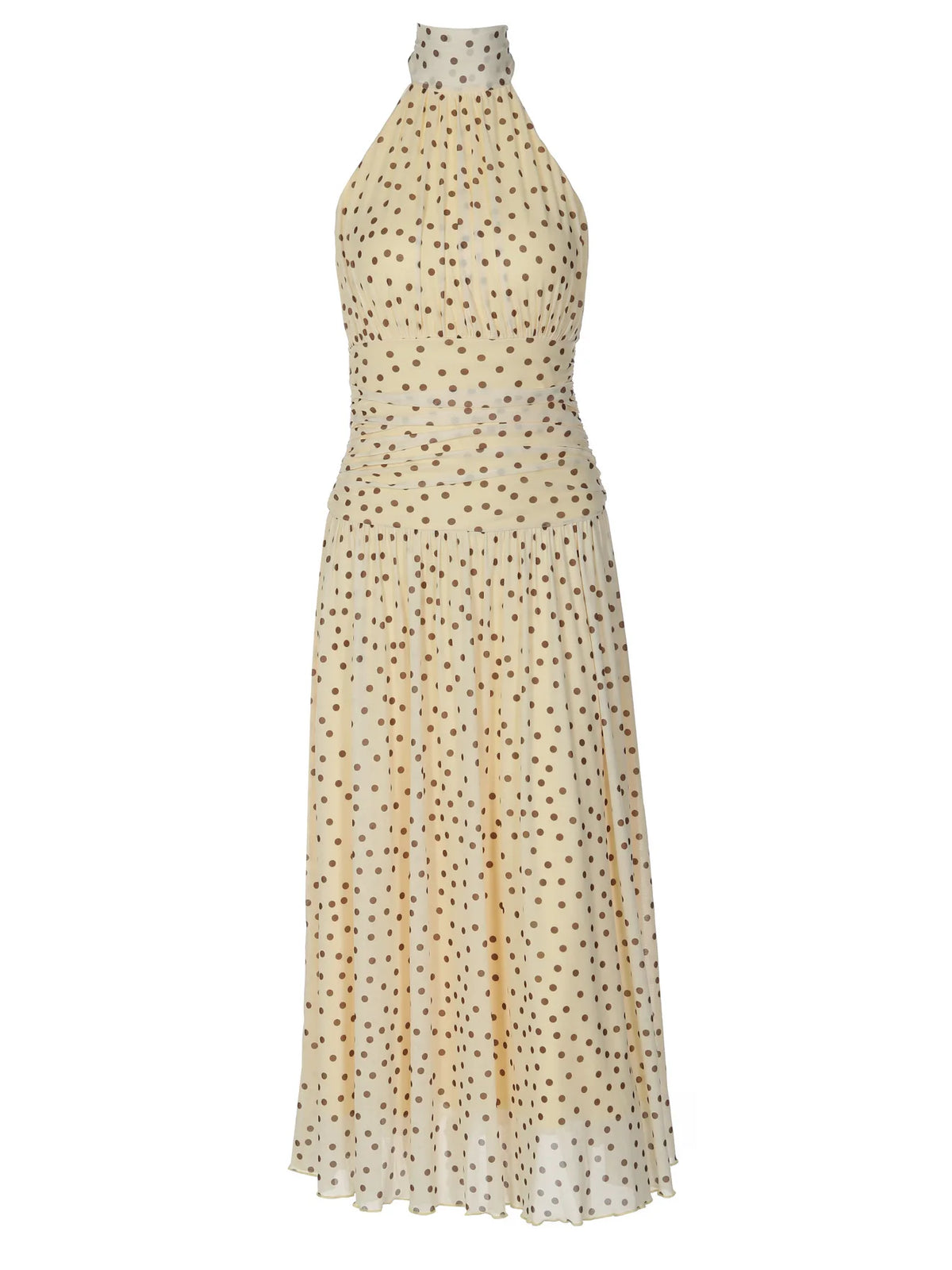 Yellow Polka Dot Summer Dresses 2026 Elegant Halter Backless Pleated Long Dress Woman Clothing