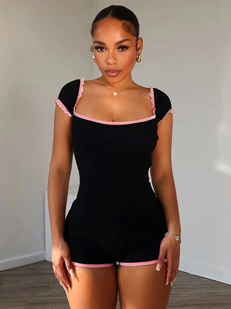 Square Collar Romper Women Skinny Fitness Sleeveless Pink Lace Hipster Skinny Stretch Casual Street Shorts Playsuits