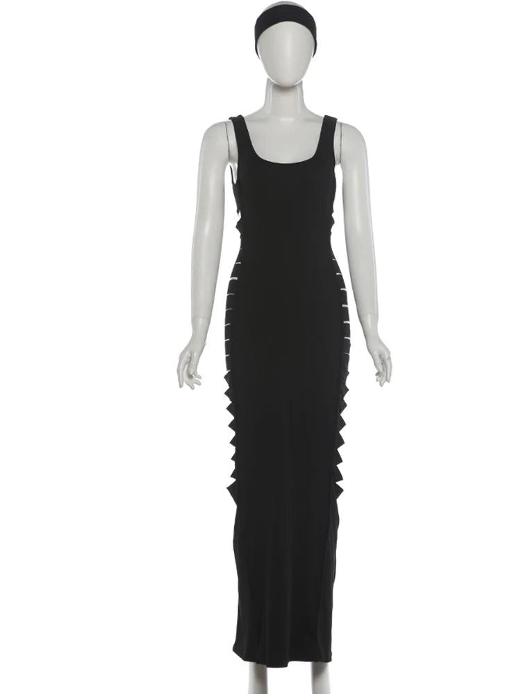 Fashion Hollow Dress Women Trend Elegant Patchwork Backless Sleeveless Stretch Sexy Evening Party Club Long Bodycon