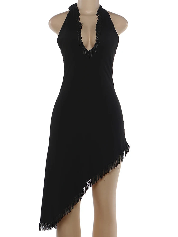 Sexy Tassel Patchwork Dress Women Fashion Halter Bandages Irregular Hem Deep V-Neck Simple Elegant Party Club Bodycon