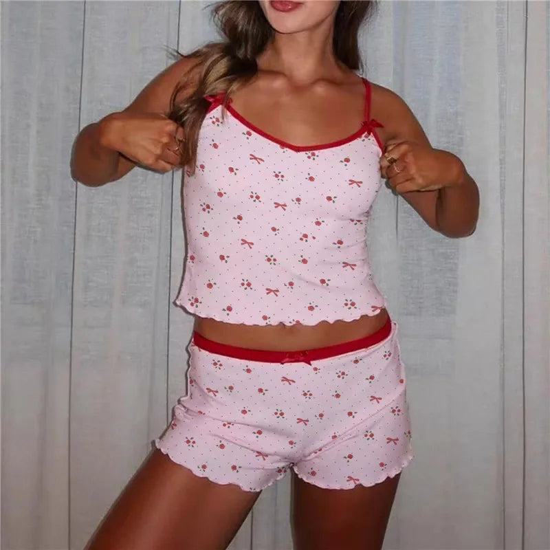 Floral/Dot Pajama Sets for Women Slim Fit Spaghetti Strap Sleeveless Cami Tops with Low Waist Shorts Soft Sleepwear