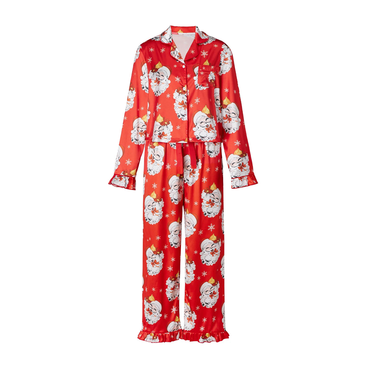 Satin Women Christmas Pajama Set Ruffle Trim Long Sleeve Shirt And Pants Santa Candy Cane Print Holiday Sleepwear