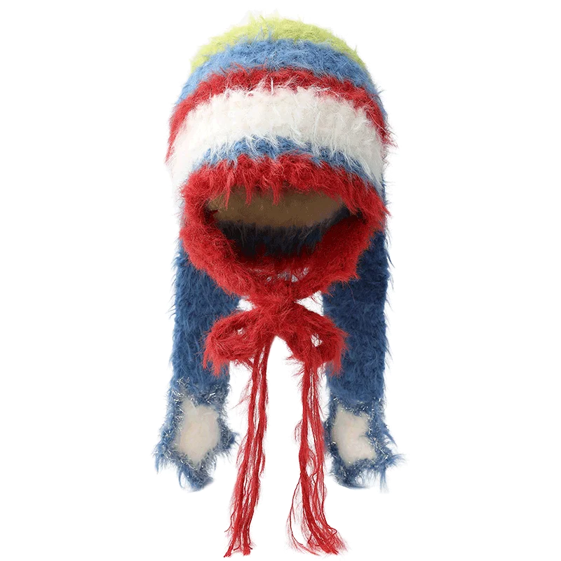 Y2K Cute Color Block Striped Bunny Ear Braid Knit Beanie For Women