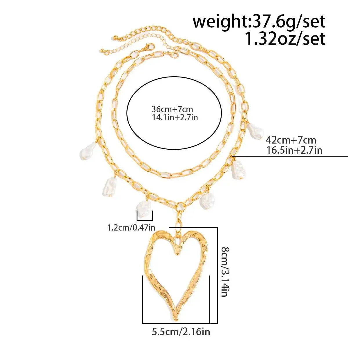 Vintage Large Heart Pendant Choker Necklace for Women, Trendy Boho Imitation Pearl Chain, Wedding Neck Jewelry, New, 2Pcs Set