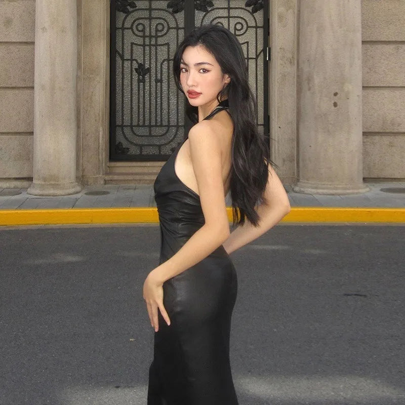 Faux-leather Halter-neck Maxi Dress Deep V Front Twist-ruched Black Evening Dresses for Woman