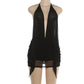 Women's Sexy Halter Neck Backless Mini Dress Solid Color Deep V Mesh Ruched Bodycon Dress Summer Beach Party Clubwear
