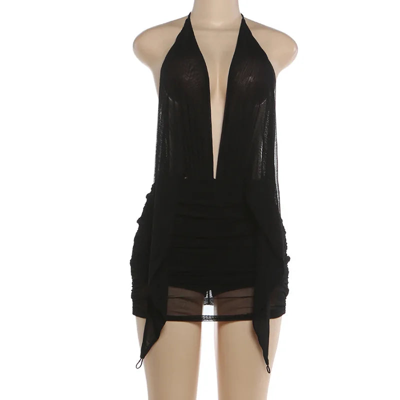 Women's Sexy Halter Neck Backless Mini Dress Solid Color Deep V Mesh Ruched Bodycon Dress Summer Beach Party Clubwear