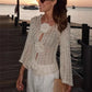 3D Floral Crochet Mesh Top Women Hollow See Through Flare Sleeve Keyhole Rose Button Cropped Knit Blouse Travel Dating