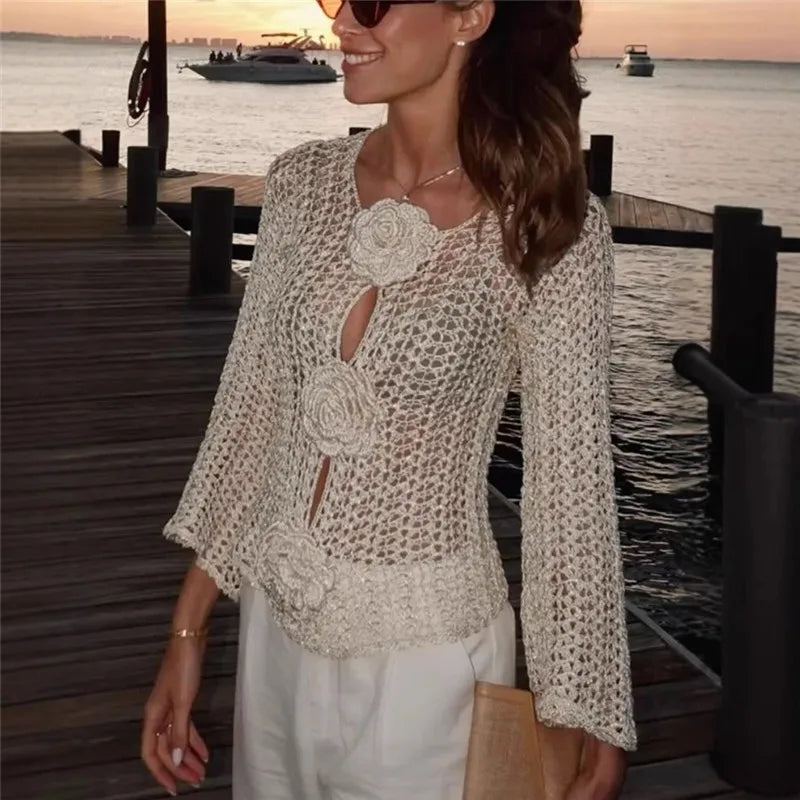 3D Floral Crochet Mesh Top Women Hollow See Through Flare Sleeve Keyhole Rose Button Cropped Knit Blouse Travel Dating