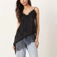 Womens Satin Camisole Tops Stylish Solid Color Lace Trimmed Asymmetric Cut Sleeveless Spaghetti Strap Vest Summer Street