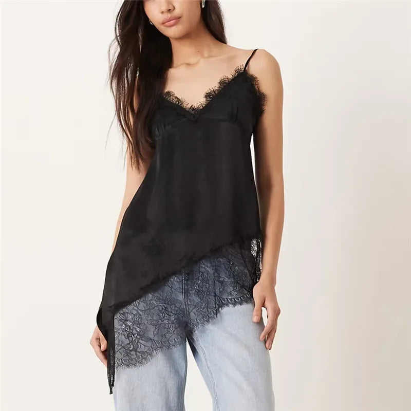 Womens Satin Camisole Tops Stylish Solid Color Lace Trimmed Asymmetric Cut Sleeveless Spaghetti Strap Vest Summer Street