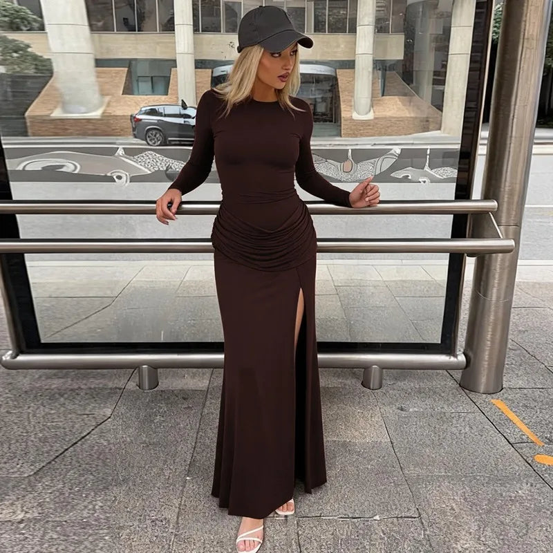Long Sleeve Maxi Dress with Draped Waist and High Side Slit Elegant Brown Dresses for Woman Fall Winter 2026