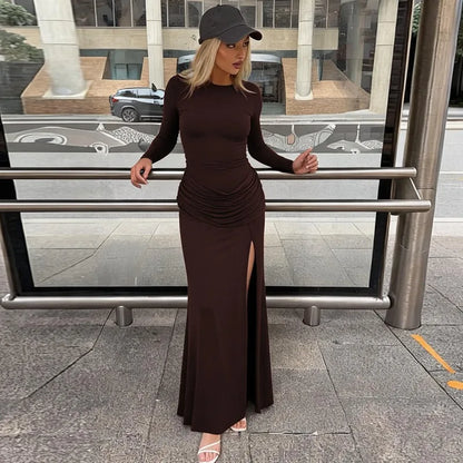 Long Sleeve Maxi Dress with Draped Waist and High Side Slit Elegant Brown Dresses for Woman Fall Winter 2026