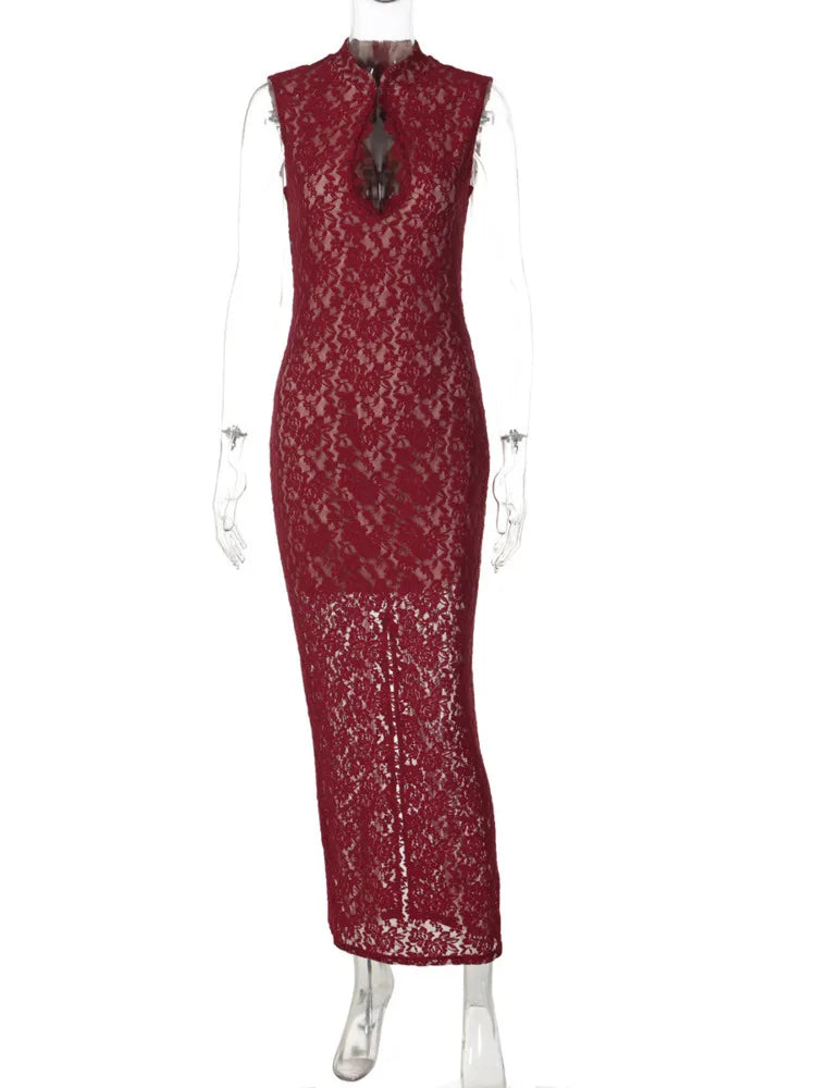 Lace Sleeveless Sexy Maxi Dress Women Gown Elegant Hollow Out Half High Collar Split Bodycon Club Party Long Dresses