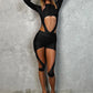 Hollow Chic 2 Piece Set Sexy Hipster Stretch Skinny Bodysuit+Irregular Shorts Matching Midnight Party Clubwear Suits