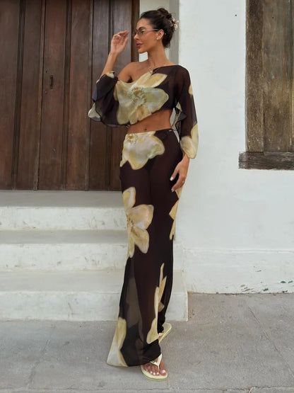 Yellow Floral Dress Suit Elegant Sheer 2 Pieces Set for Woman One Shoulder Top Maxi Skirt Vacation Outfit