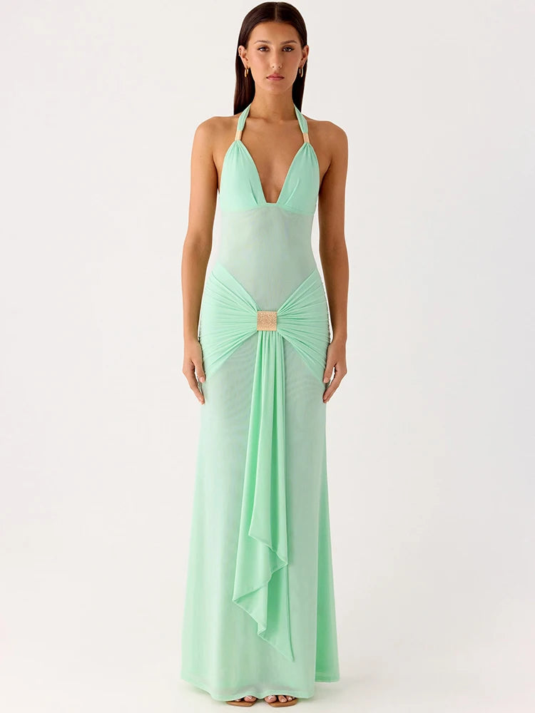 Halter Deep V Neck Sexy Maxi Dress Women Elegant Off-shoulder Sleeveless Backless Draped Ruched Slinky Club Party Dress