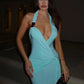 Summer Elegant Backless Dress Women Deep V Neck Metal Buckle Halter Ruched Ribbon Peach Buttocks Party Club Long Bodycon