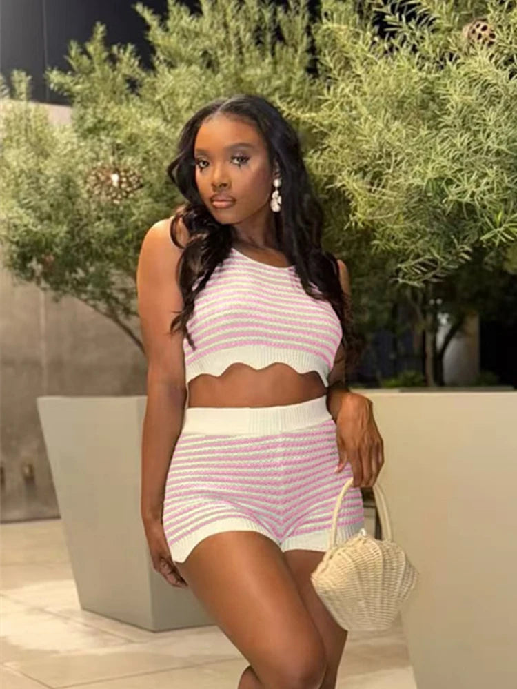 Crochet Stripe Patchwork 2 Piece Set Women Summer Trend Ruffles Hem Tank Tops+Skinny Shorts Street Casual Sporty Suit