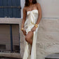Elegant Satin Dress Women Sexy Ribbon Patchwork Ruched Split Hem Sleeveless Fashion Simple Evening Party Club Bodycon