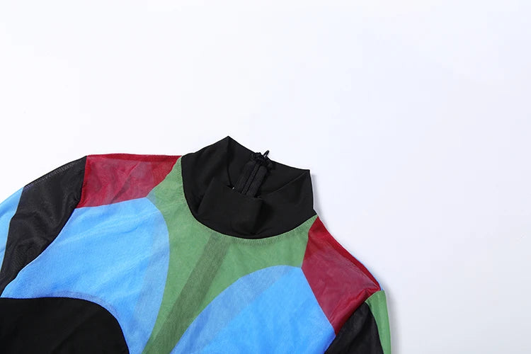 Colorful Print Jumpsuits Woman Turtleneck Full Sleeve Sexy See Through Skinny Peach Hip Hottie Street Fashion Overalls