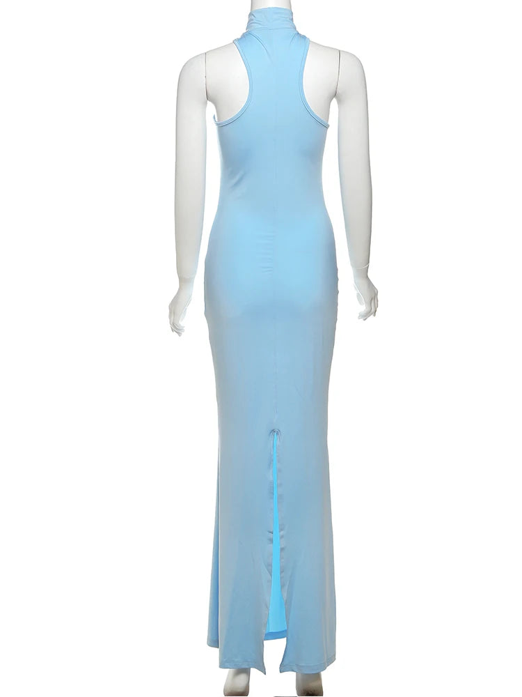 Metal Knots Sexy Slim Dress Women Elegant Summer Trend Halter Solid Folds Backless Sleeveless Banquet Party Bodycon