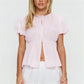 Women's Striped Textured Puff Sleeve Blouse Round Neck Button Front Shirred Waist Peplum Flowy Casual Summer Top