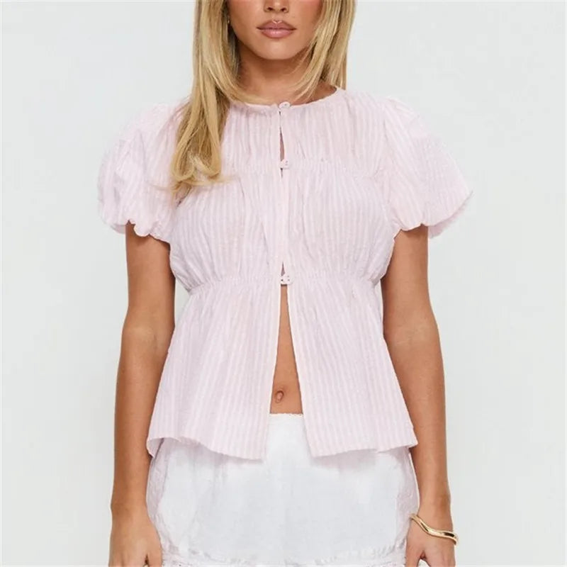 Women's Striped Textured Puff Sleeve Blouse Round Neck Button Front Shirred Waist Peplum Flowy Casual Summer Top