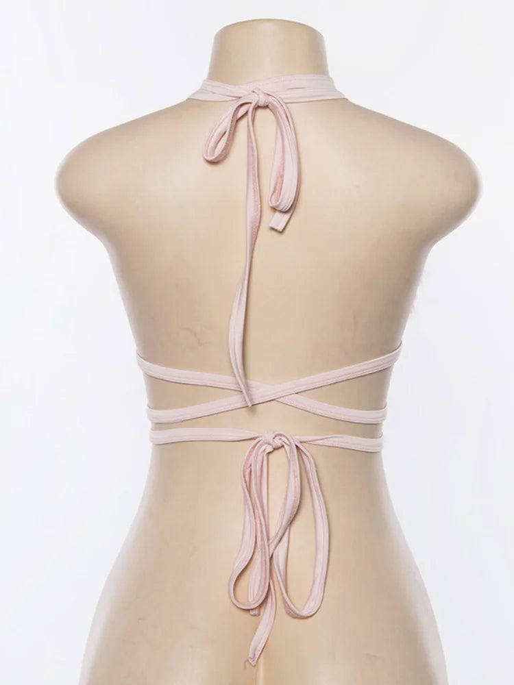 Fuzzy Pink Faux Fur Sexy Bralette Crop Top Rave Festival Halter Backless Bandage Summer Tops for Women