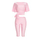 Fashion 3-Piece Set Women Solid Square Collar Flare Sleeve t-Shirt+Simple Belt+Elastic Waist Classic Short Slim Suit