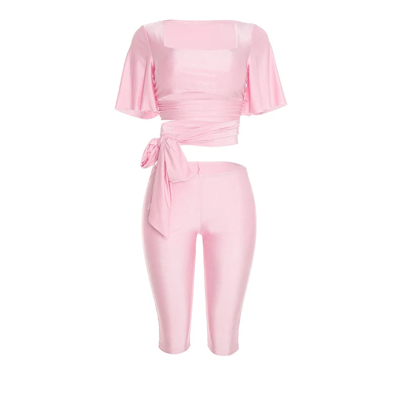 Fashion 3-Piece Set Women Solid Square Collar Flare Sleeve t-Shirt+Simple Belt+Elastic Waist Classic Short Slim Suit