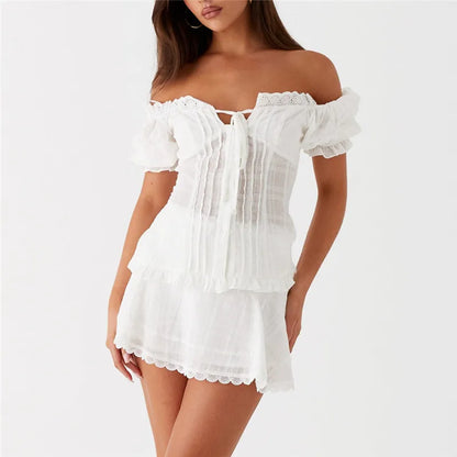 Women Aesthetic Skirts Set Y2k Ruched Button Up Crop Top + Skirt Vintage Puff Sleeve Milkmaid Tees Sweet Girl Streetwear
