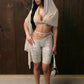 Sexy Hooded Shawl Patchwork Irregular Shape Low-Neck Crop Tops+Cross Badnaeg Skinny Peach Hip Shorts Wild Style Suits
