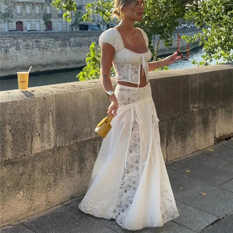 Women Y2K 2 Piece Set White Lace Patchwork Off Shoulder Short Sleeve Crop Top With Long Skirt Summer Vacation Streetwear