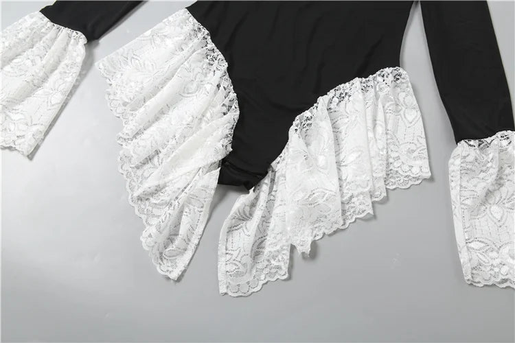 Hottie Lace Patchwork Bodysuit Women U-Neck Jacquard Ruffle Elegant Sexy Simple Fashion Stretch Slim Street Clubwear