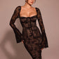 Lace Print Long Flare Sleeve Sexy Maxi Dress For Women Fashion Square Collar Backless Bodycon Club Party Sexy Dress