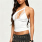 Women's Asymmetrical Halter Top Lace V-Neck Cutout Sleeveless Slim Fit Y2K Cropped Camisole for Party Night Out