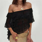 Women’s Off Shoulder Tops Long Sleeve Sheer Asymmetrical Ruffle Blouse Layered Mesh Chiffon Shirt for Party Night Club