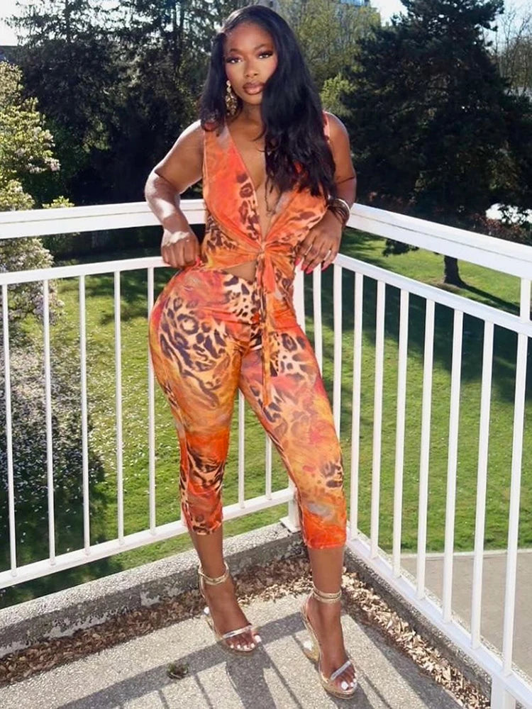 Hollow Cross Knot Romper Women Sexy Sleeveless Bandage Leopard Print Sexy Workout Activity Streetwear Skinny Playsuit