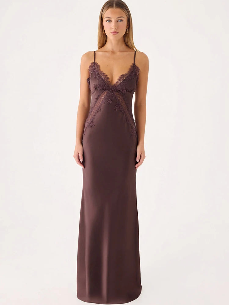 Women Spaghetti Strap Sexy Maxi Dress Lace V Neck Cutout Backless Mermaid Formal Evening Wedding Guest Party Dress