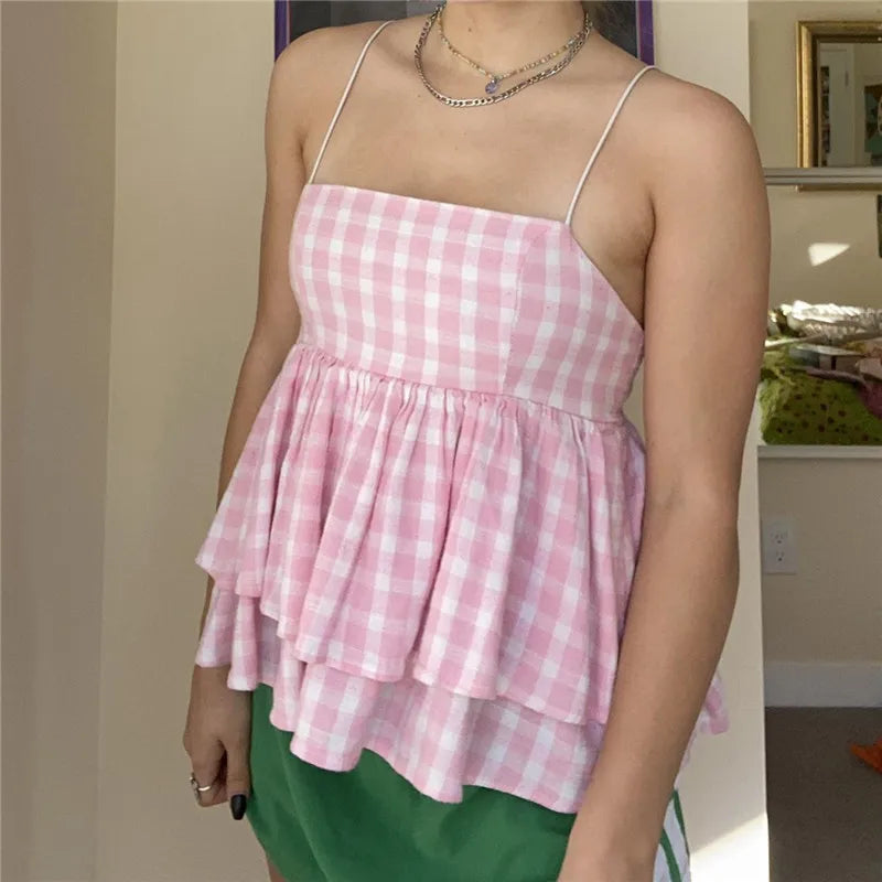 Y2K Coquette Aesthetic Pink Gingham Babydoll Top Spaghetti Strap Square Neck Double Layer Ruffle Hem Peplum Cami Blouse