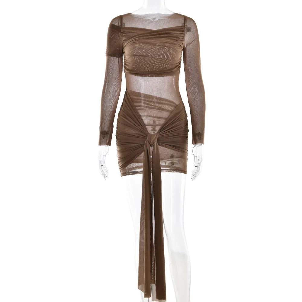 Women Fashion See Through Long Sleeve High Waist Club Party Dress Sexy Mesh Draped Ruched Mini Dress Female Elegant