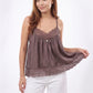 Vintage Lace Trim Cami Top Women V Neck Pearl Detail Loose Pleated Satin Camisole Sleeveless Casual Daily Tank Blouse