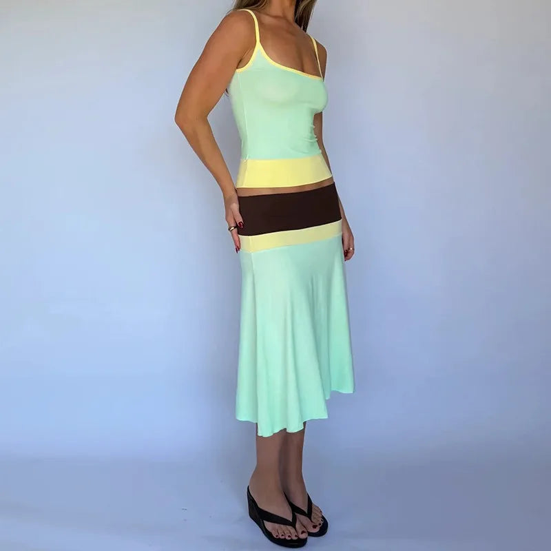 2 Pcs Woman Outfit Colorblock Camisole Top and Midi Skirt Matching Sets