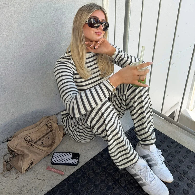 Casual Striped Long Sleeve 2 Piece Sets Women Outfit Wide Leg Pants and Crop Top Matching Sets Brunch Outfit