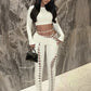 Sexy Women 2 Piece Set Casual Tracksuit Full Fall Crop Tops+Shirring Irregular Pants Stretch Streetwear Skinny Suits